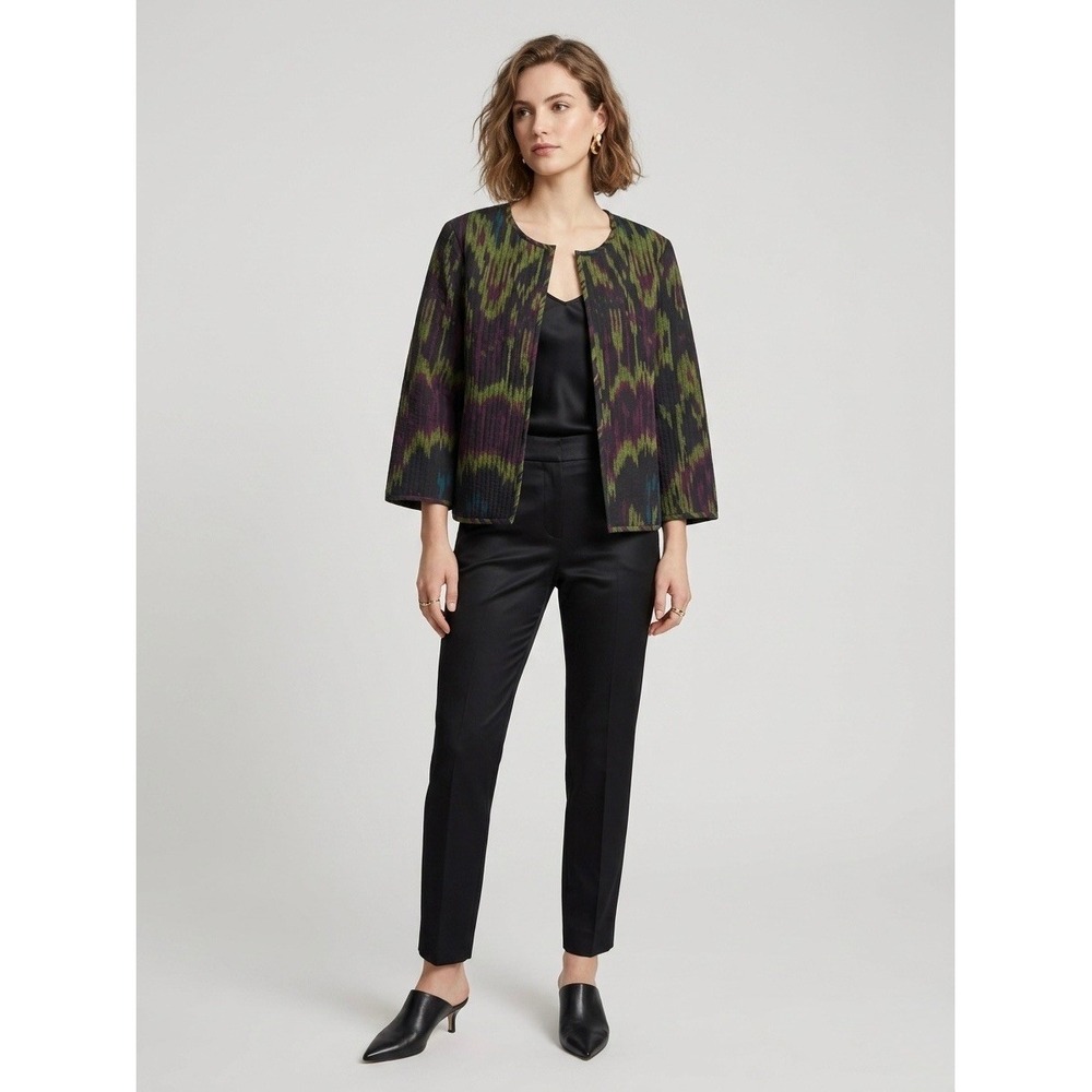 Lafayette 148 New York Ikat Quilted Silk Lined Jacket Green Purple Black Size 8